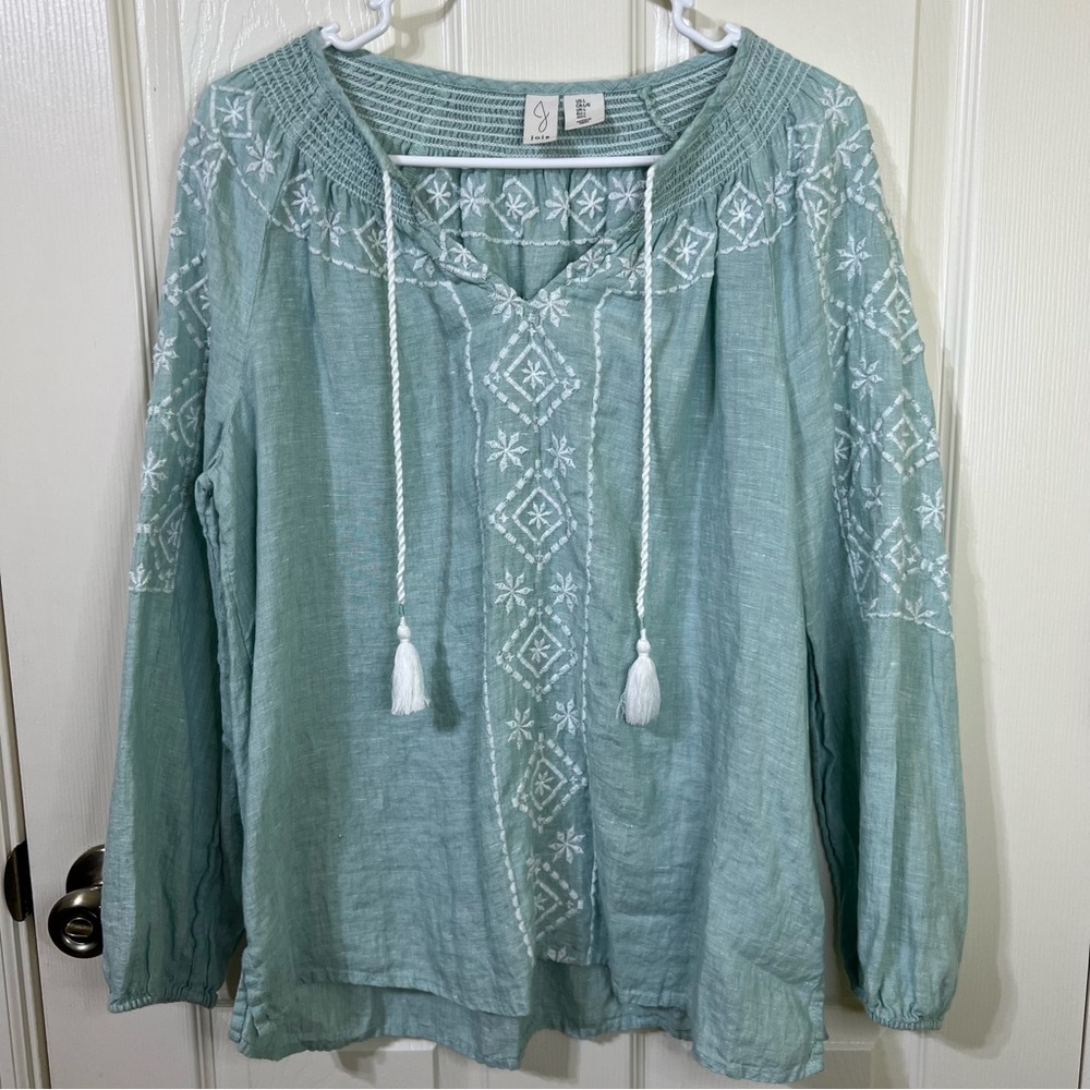 Joie Mint Green Embroidered Linen Blouse Size L EUC
